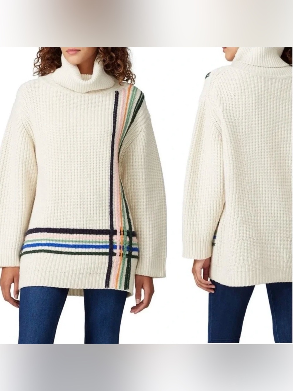 TORY BURCH CHUNKY MERINO EMBROIDERED STRIPE SWEATER size large
